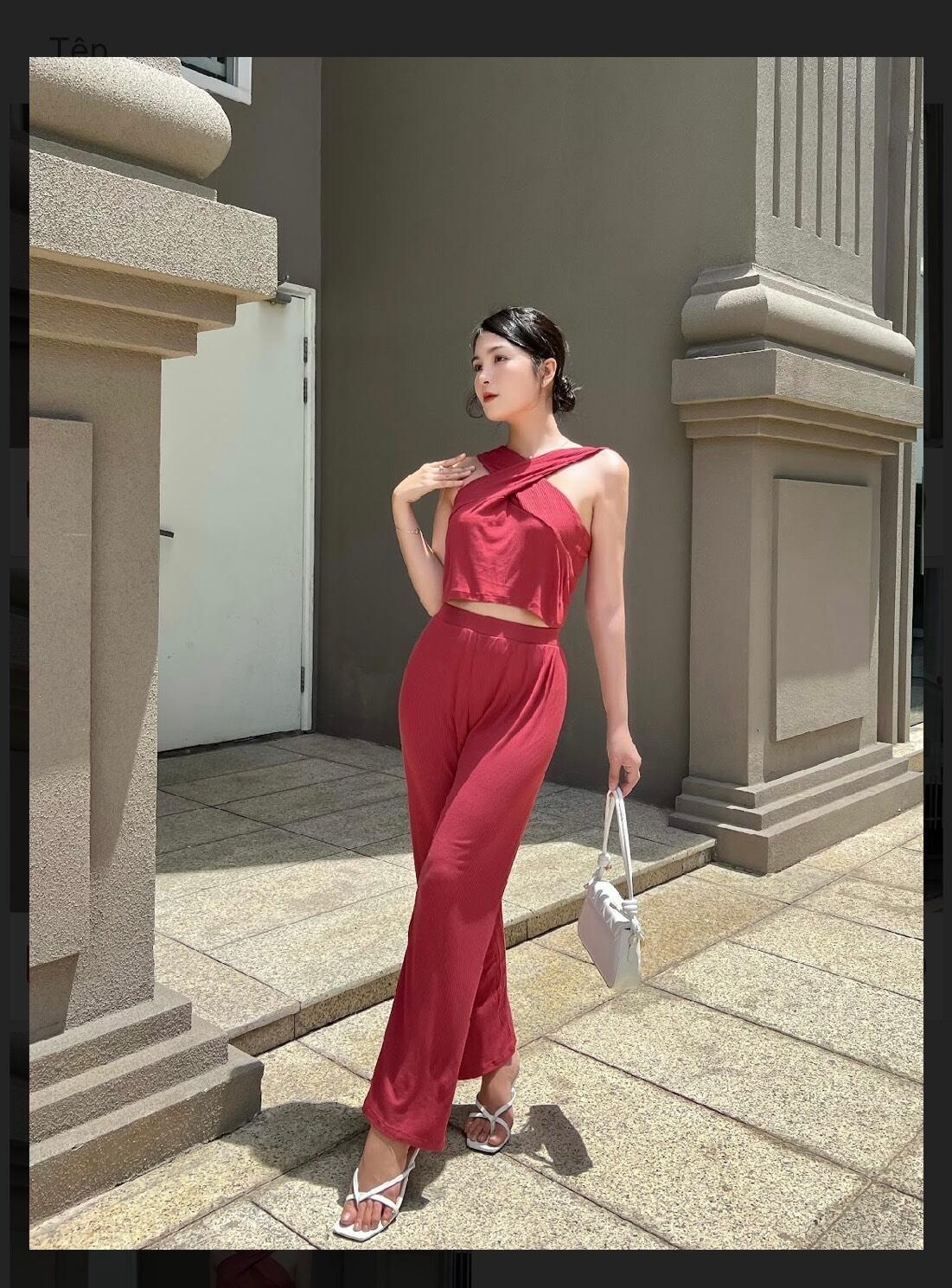 sét đồ nữ áo cổ chéo và quần ống xuông chất mát mẻ và thành lịch - Đen