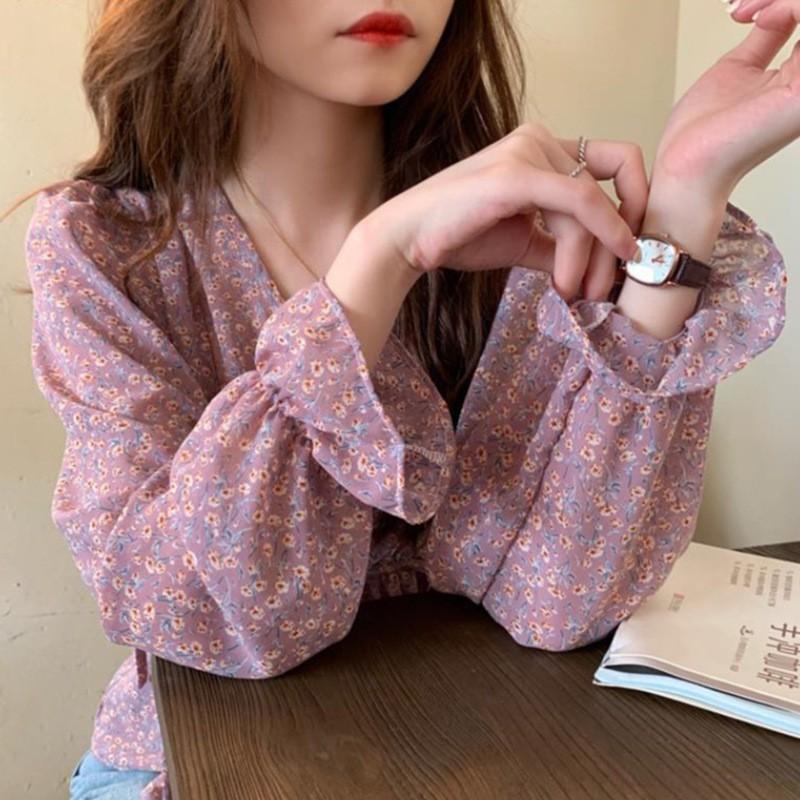 MS966 Áo voan nữ hoa nhí tím mộng mơ chiết eo tay bo xoè