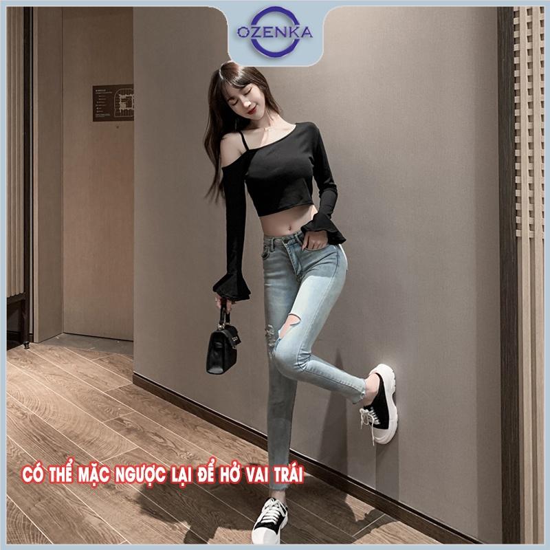 Áo croptop trễ vai tay xoè dài nữ OZENKA , áo crt kiểu cổ rộng chất thun gân mềm mịn mát 100% cotton đen trắng