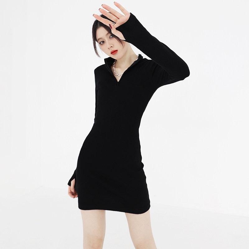Váy Body khoá kéo cổ tay dài chất bo gân nhiều màu trendy