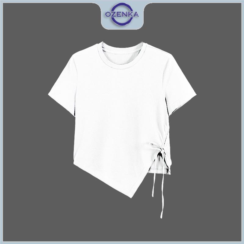 Áo croptop ulzzang kiểu vạt chéo rút dây rộng cổ tròn OZENKA , áo crt thun cotton basic màu đen trắng mặc đi học đi chơi