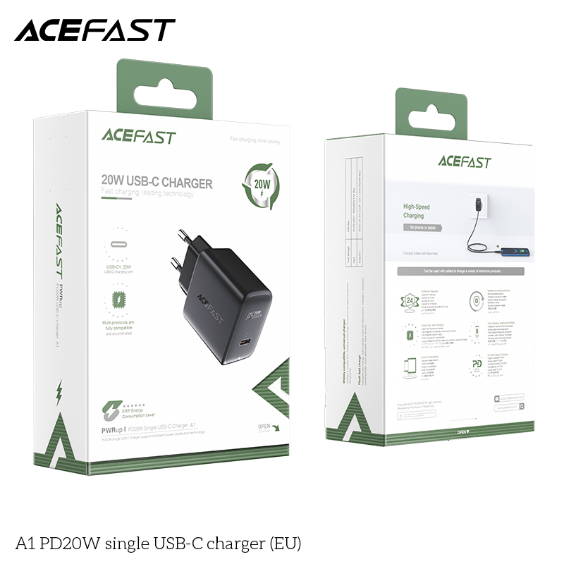 Adapter Sạc Acefast PD 3.0 20W 1 Cổng Chuôi Tròn EU A1 - Hàng Chính Hãng