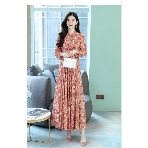 HÀNG NHẬP - ĐẦM MAXI VOAN HOA TAY DÀI CỔ BÈO THẮT DÂY NƠ