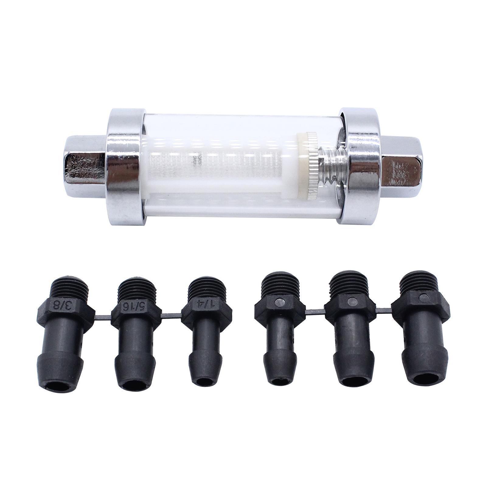 Universal 3/8'' 1/4'' 5/16'' Fittings Chrome Gas Glass Reusable Inline Fuel Filter with 6 Hoses Fuel Filter Kit