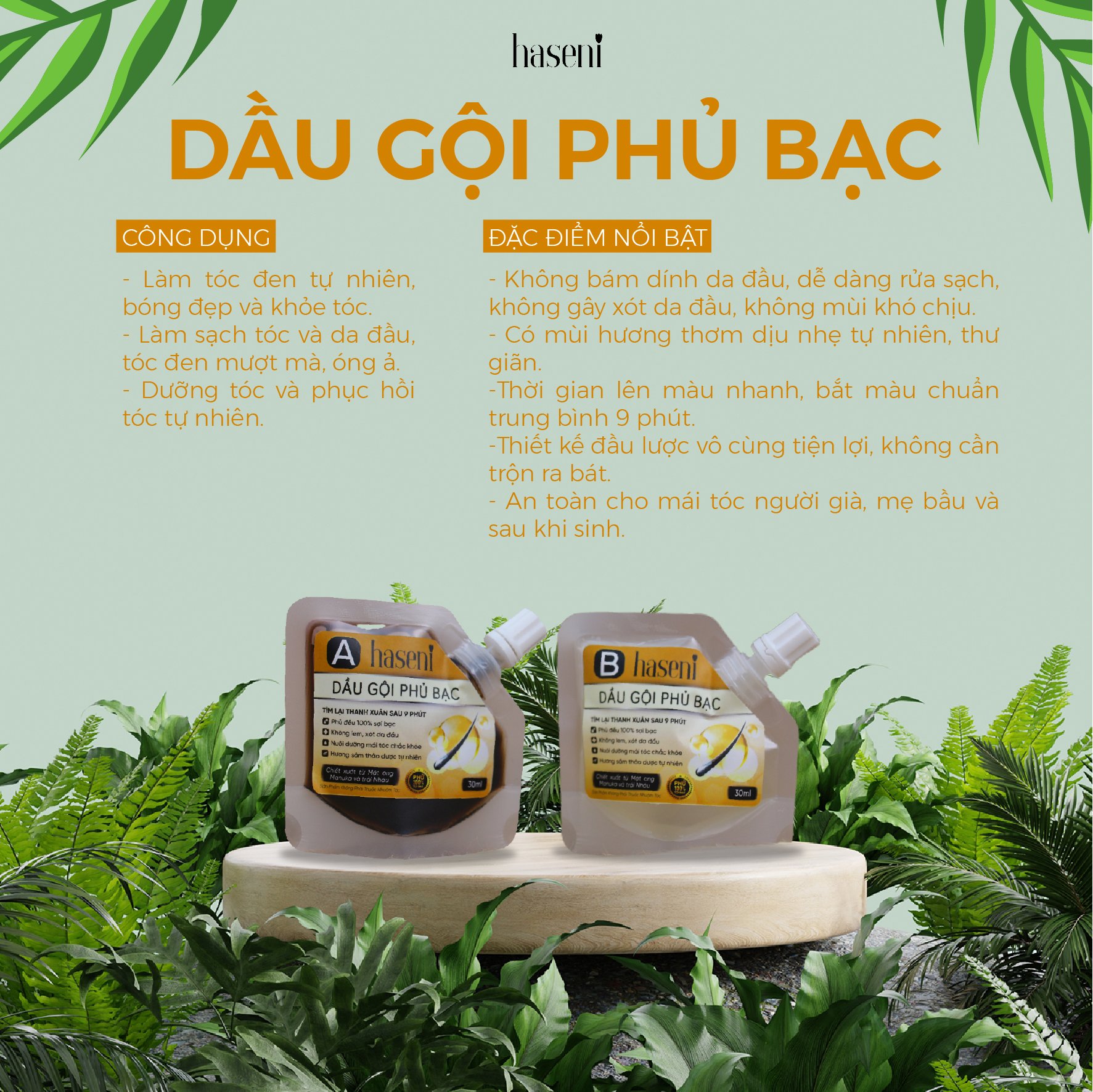 Dầu gội phủ bạc haseni gói mini 60ml giúp đen tóc sau 9 phút, không lem không xót da đầu