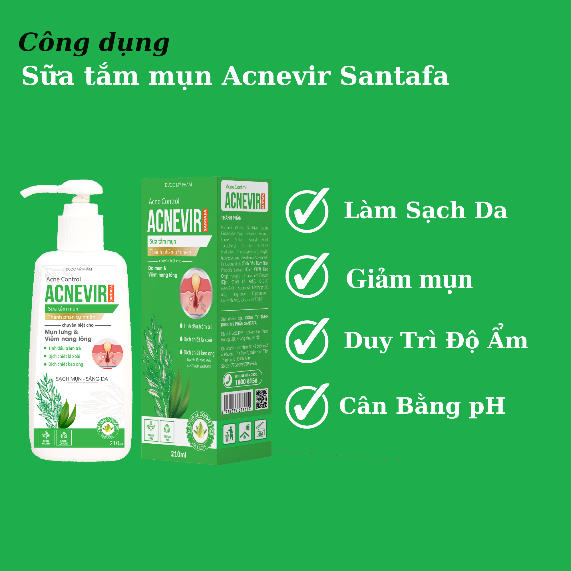 Sữa tắm mụn Acnevir Santafa - Làm sạch bụi bẩn, dầu nhờn trên da toàn thân, ngăn ngừa và cải thiện tình trạng mụn, viêm lỗ chân lông trên da - Chai 210ml