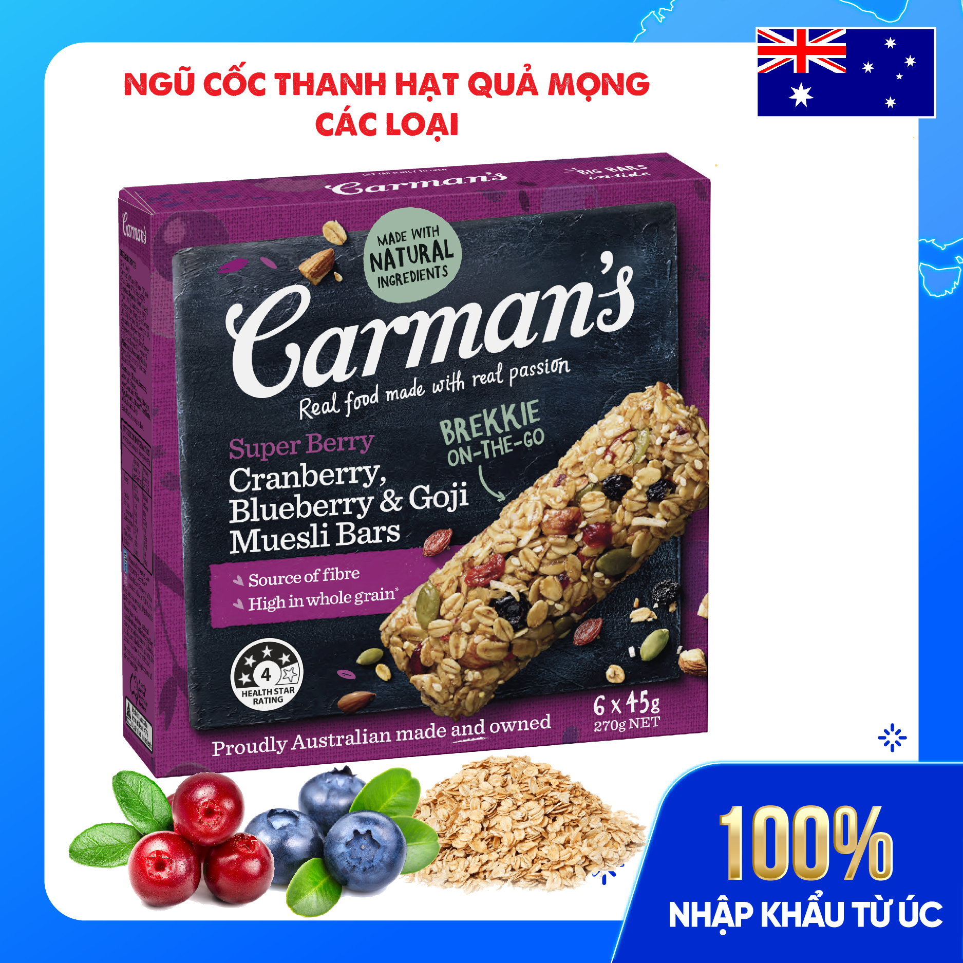 Thanh Ngũ Cốc Carman's Super Berry Muesli Bar Cranberry, Blueberry, Goji - 270g