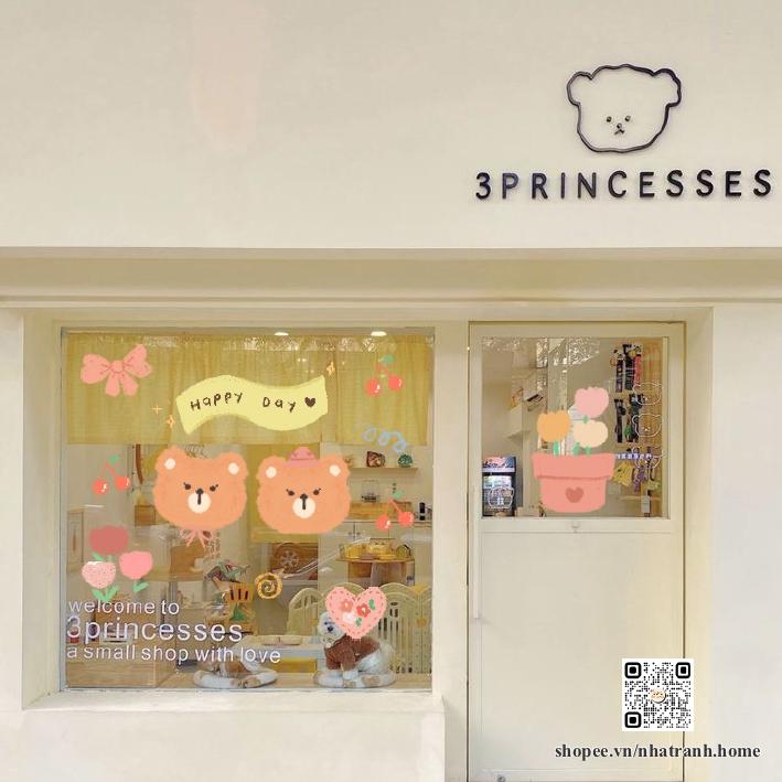 Hình dán gấu cherry dễ thương aesthetic trang trí gương, kính cửa hàng cute 12