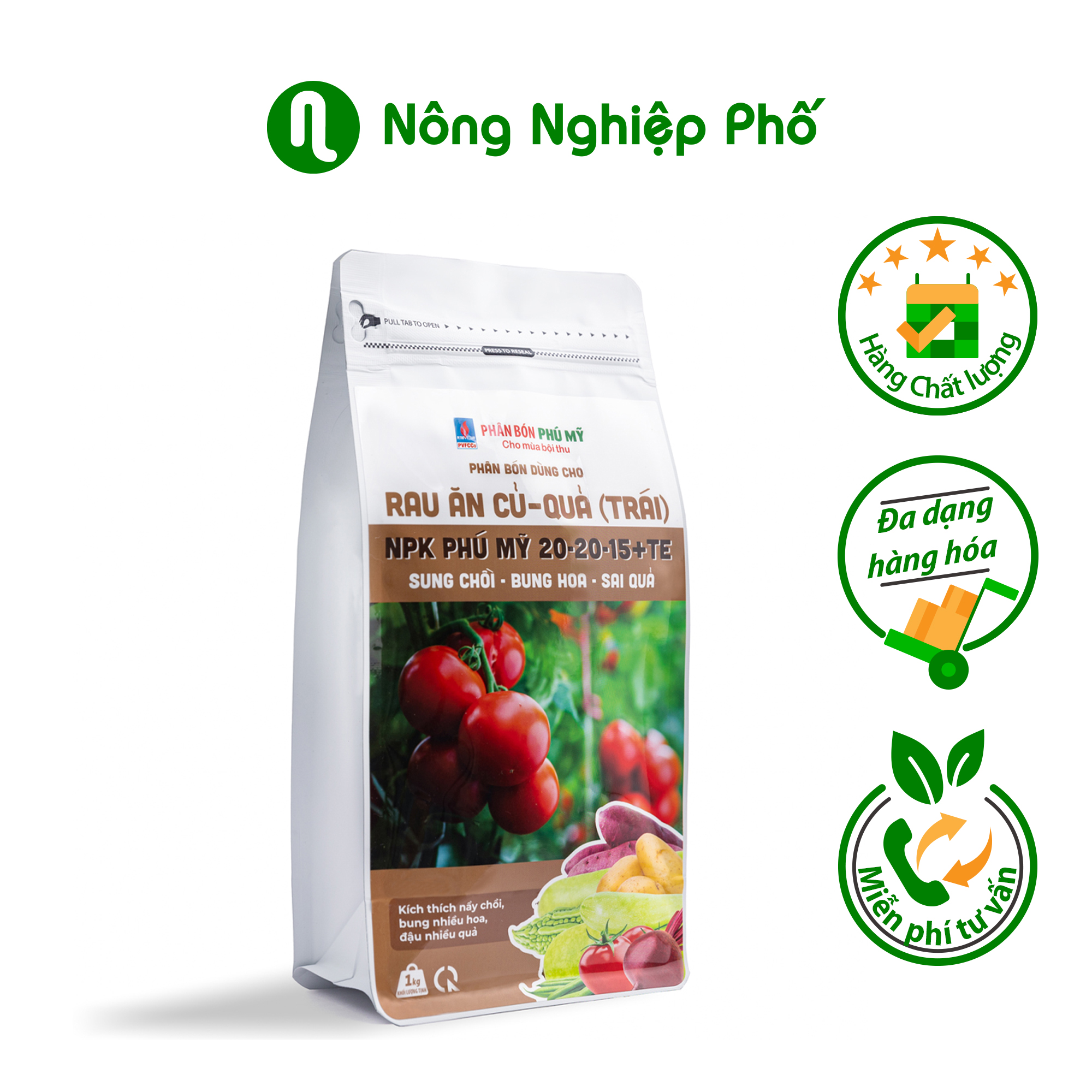 Phân bón NPK Phú Mỹ 20-20-15+TE Rau ăn củ - quả - Gói 1kg