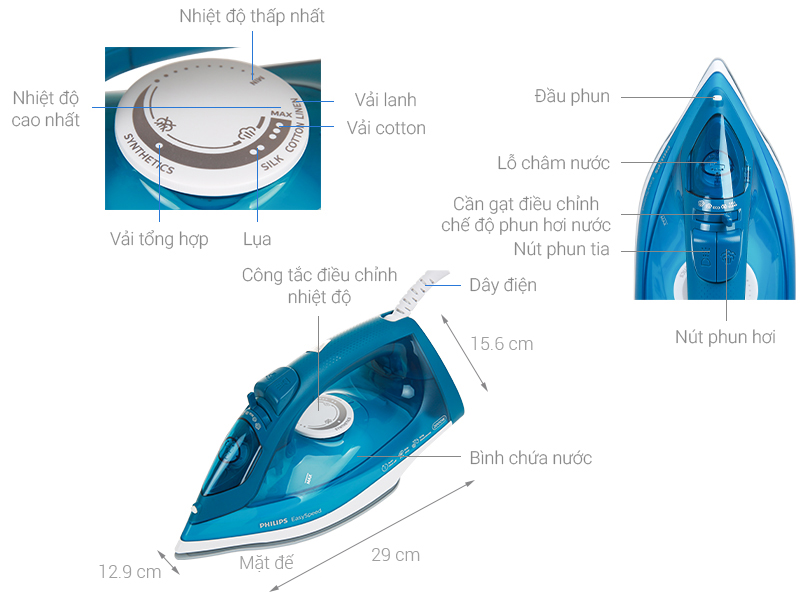 Bàn ủi hơi nước cầm tay, bàn là hơi nước Philips công suất lớn 2000W - Mặt đế chống dính Ceramic- Chế độ xả cặn, tự làm sạch chống đóng cặn - Dây chống xoắn - Tự động ngắt điện - Hàng chính hãng