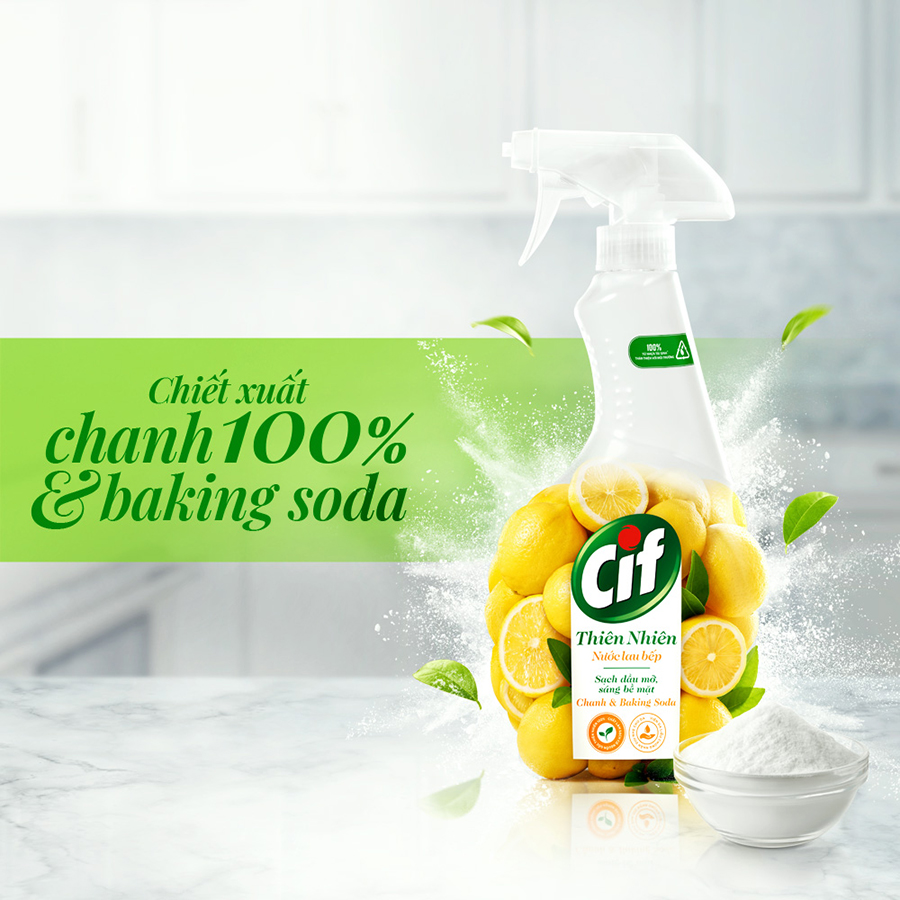 Combo Nước Xịt Vệ Sinh Cif Thiên Nhiên Lau Bếp Hương Chanh &amp; Baking Soda Sạch Dầu Mỡ An Toàn 500ml x 2