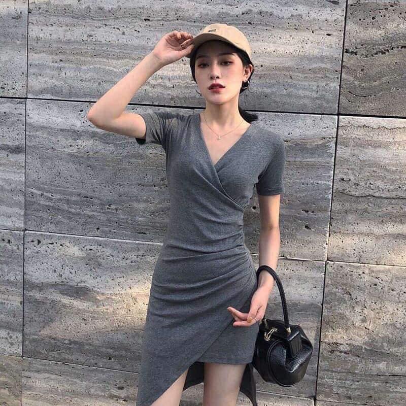 Đầm Ôm Cổ Đắp Chéo, Vạt Chéo Xéo Tà Cao Thấp, Tay Ngắn