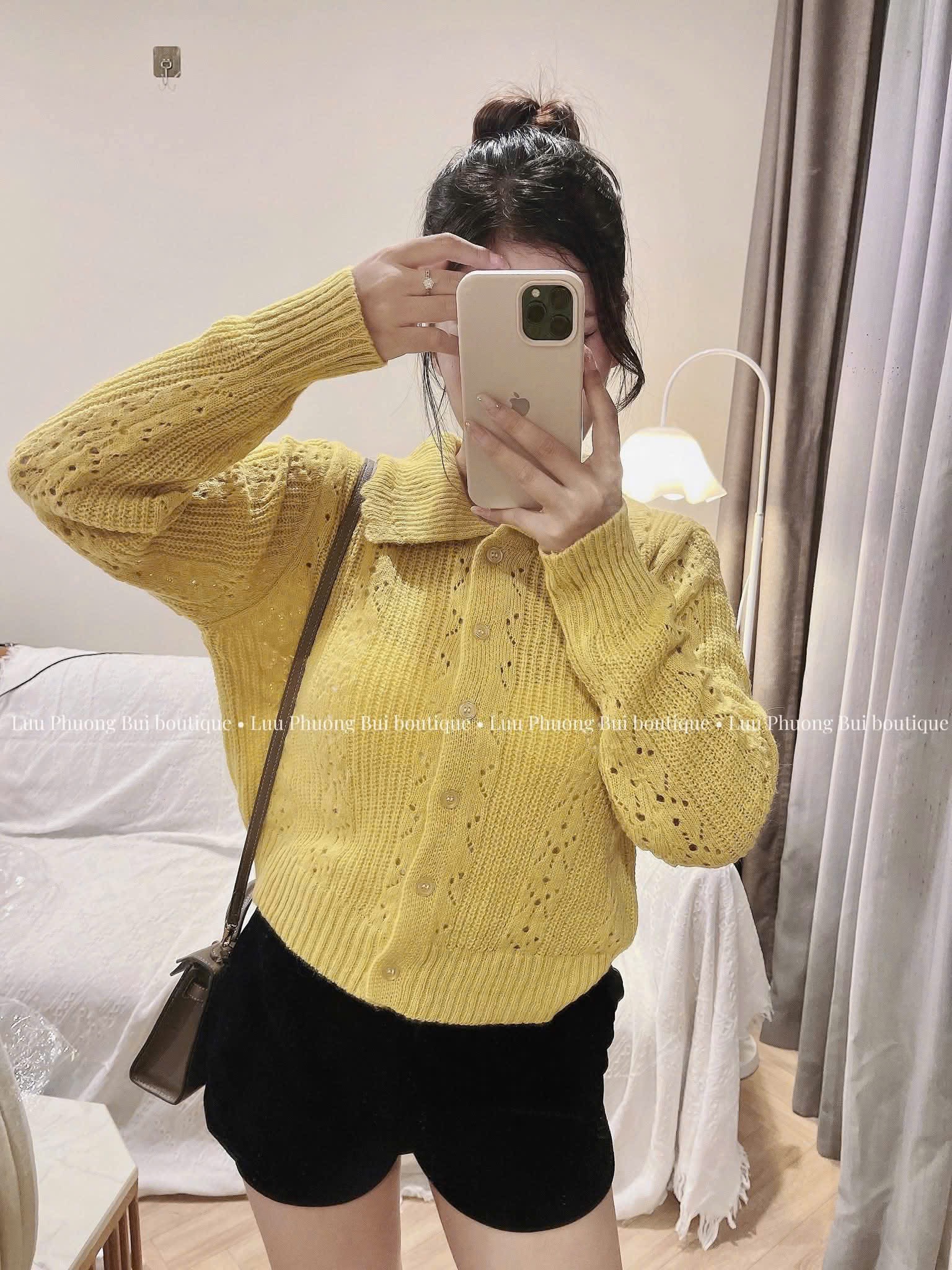 Áo Len Nữ Cổ Sóng Màu Vàng Form Ngắn Hack Dáng, Chất Len Mềm Mịn Hot Trend