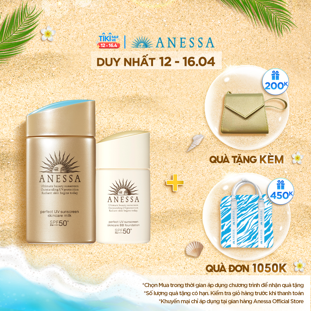 Bộ đôi Kem chống nắng dưỡng da dạng sữa bảo vệ hoàn hảo Anessa Perfect UV Sunscreen Skincare Milk SPF 50+ PA++++ 60ml + Kem nền trang điểm BB chống nắng dưỡng da Anessa SPF 50+ PA++++ 25ml