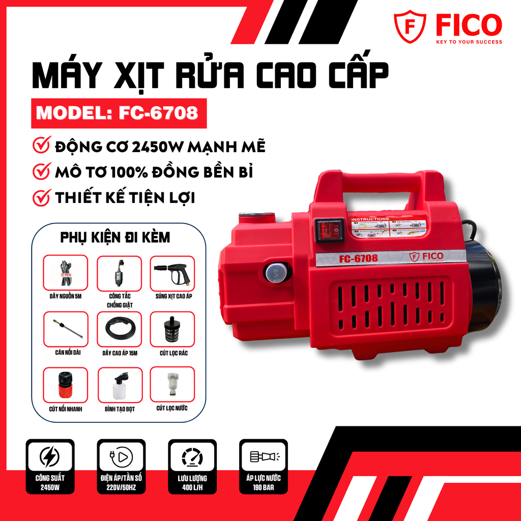 MÁY XỊT RỬA XE CAO ÁP 2.450W FC-6708 FICO -HÀNG CHÍNH HÃNG