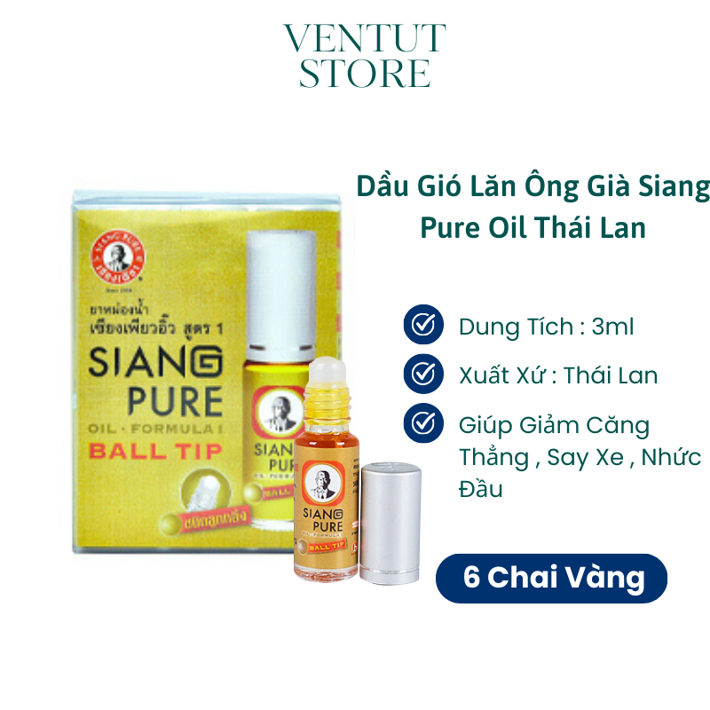 Bộ 6 Chai Dầu gió lăn Siang Pure 3cc ông già Thái Lan / Trắng , Vàng