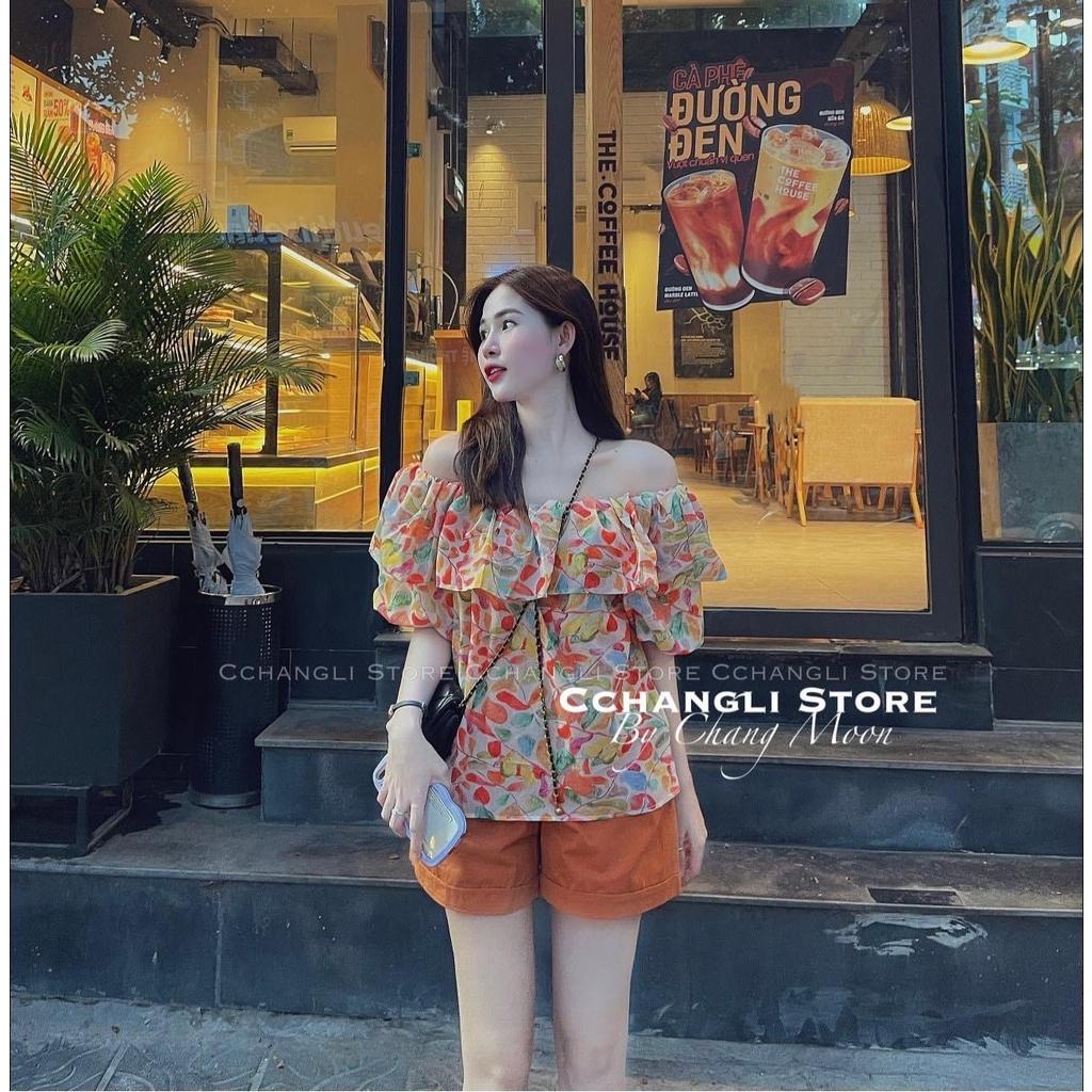 SET BỘ ĐI CHƠI, SET 2 MÓN ÁO HOA CAM RỚT VAI PHỐI QUẦN ĐÙI CỰC CUTE