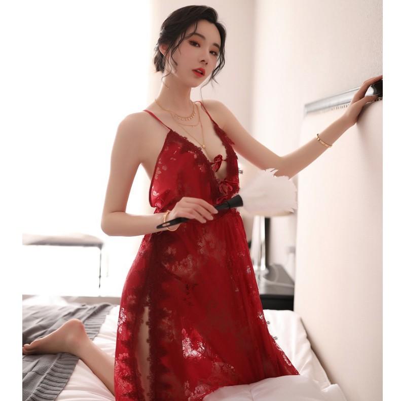 Đầm ngủ hai dây phối ren Sexy Girl - Đỏ