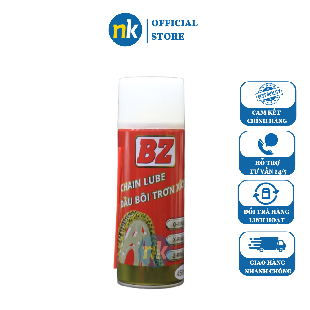 Chai xịt bảo dưỡng sên xích, sên trần, sên phốt cao su thương hiệu BZ Chain Lube 450ml - Hàng Chính Hãng 100%