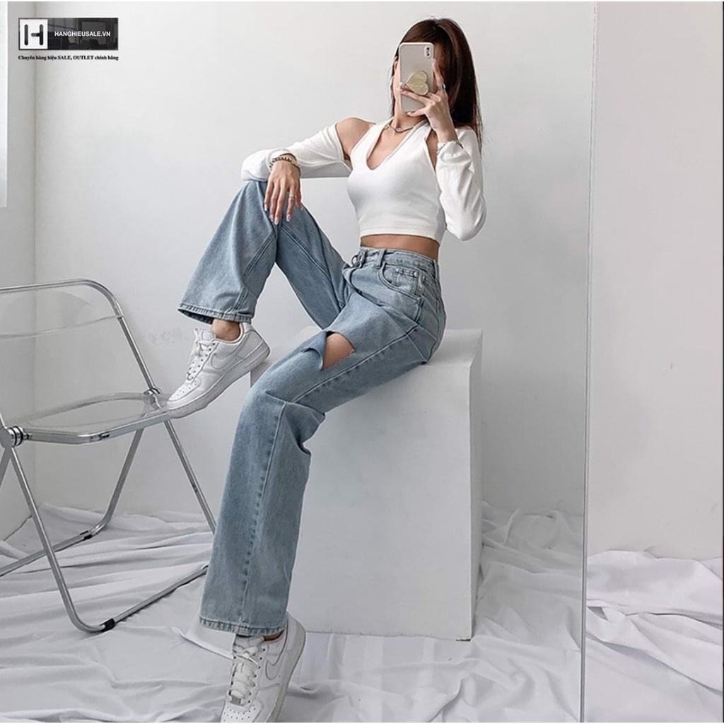 Quần Jeans Nữ Lưng Cao Cạp Chéo Rách Đùi Sành Điệu 8028