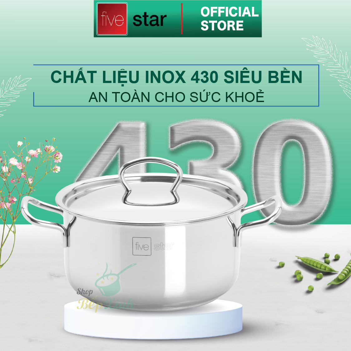 Bộ 2 nồi và 1 chảo chống dính 3 đáy từ inox 430 cao cấp FiveStar Standard nắp inox ( tặng 5 muỗng )