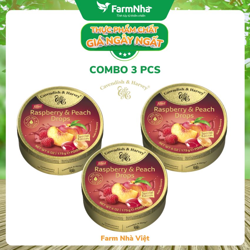 (Combo 3 hộp) Kẹo trái cây Cavendish & Harvey vị Raspberry & Peach 175gr - Hương vị tự nhiên tuyệt vời từ Đức