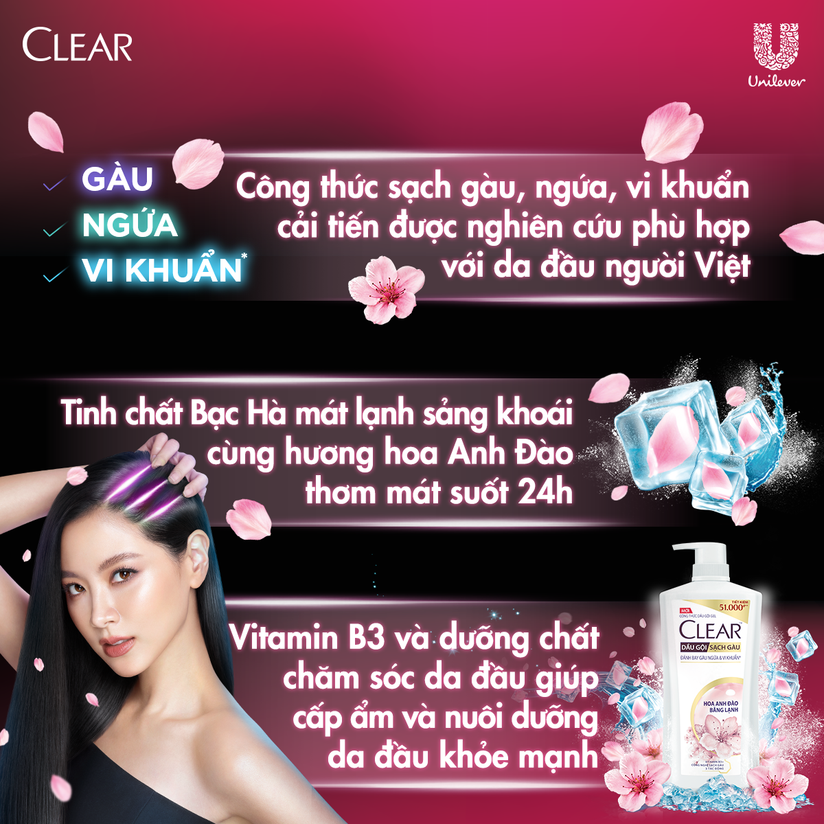 Dầu Gội Clear Sạch Gàu Dầu Gội Sạch Gàu Mát Lạnh Hoa Anh Đào Thơm Mát Suốt 24 Giờ 630G