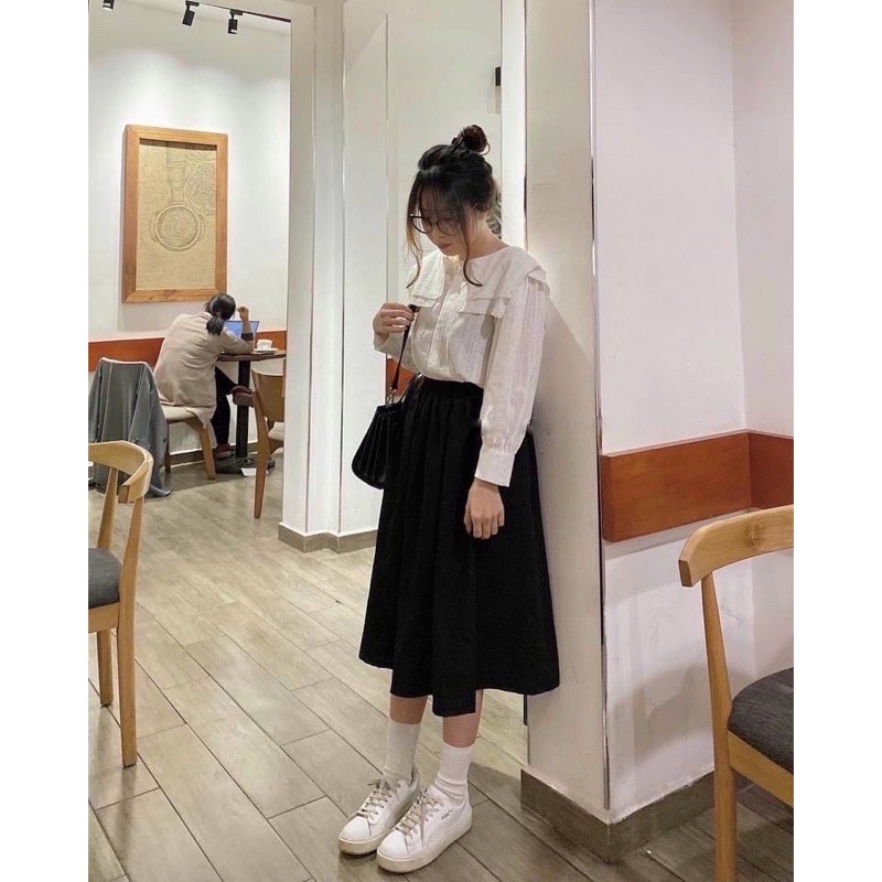 Áo sơ mi nữ cổ bèo phối ren tiểu thư hàn quốc