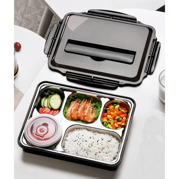 Hộp Cơm Văn Phòng 5 Ngăn inox 304 Có Để Canh Giá Đỡ Điện Thoại Kèm Đũa Thìa.