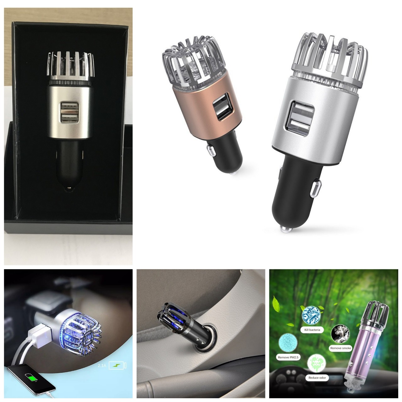 Máy tạo ion âm lọc không khí khử mùi hôi kháng khuẩn ô tô xe hơi kèm 2 cổng sạc USB mẫu mới loại tốt hàng cao câp