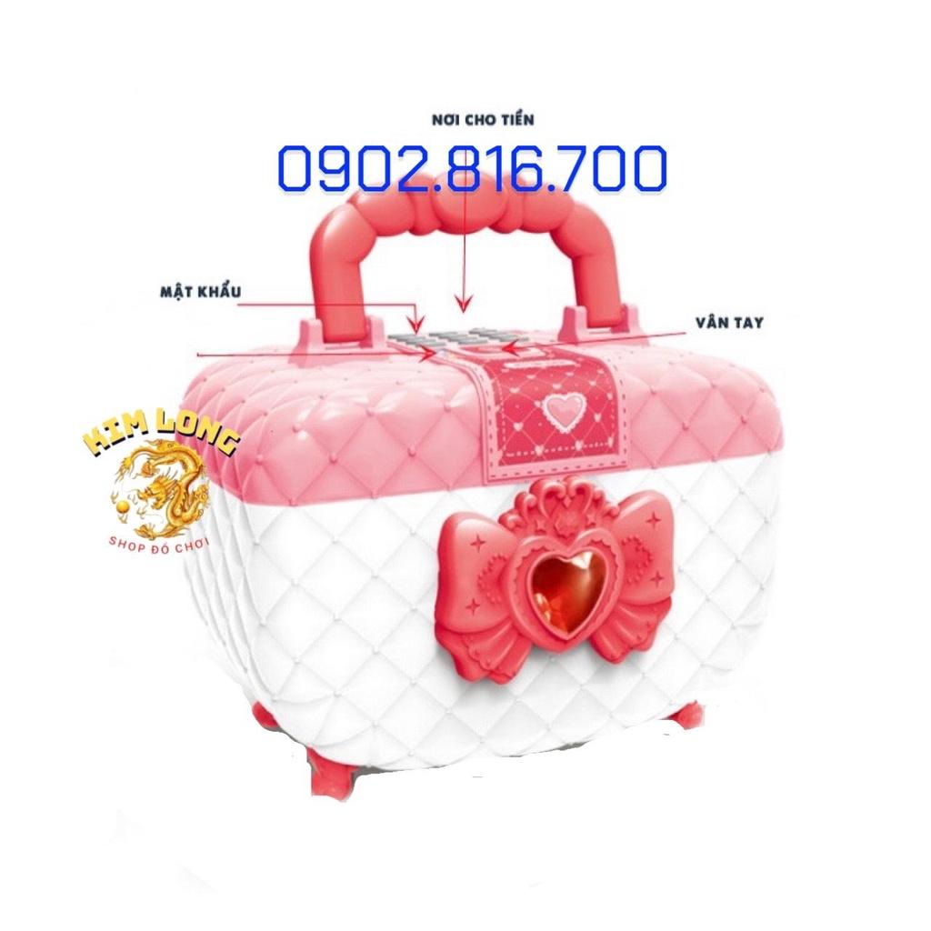 Đồ chơi két sắt vân tay mini thông minh tiết kiệm tiền hình cốp vali trang điểm màu hồng quà tặng cho bé gái