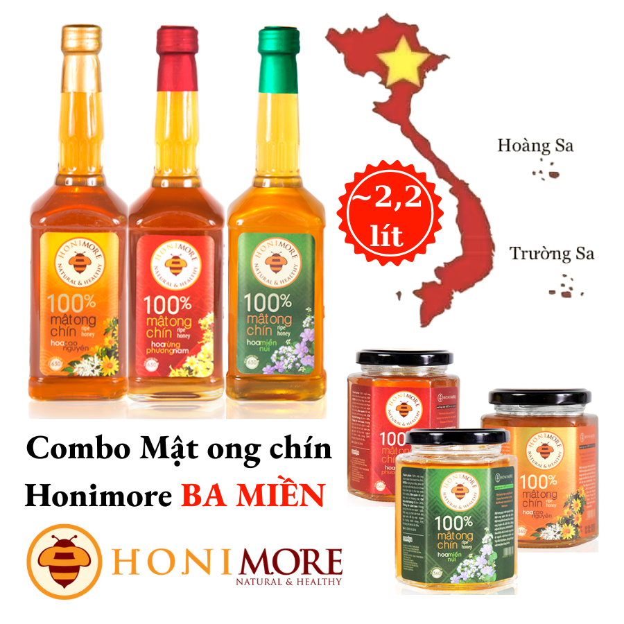 Combo 3 chai Mật ong chín Honimore BA MIỀN 630g - TẶNG 3 hũ mật ong nguyên chất 360g