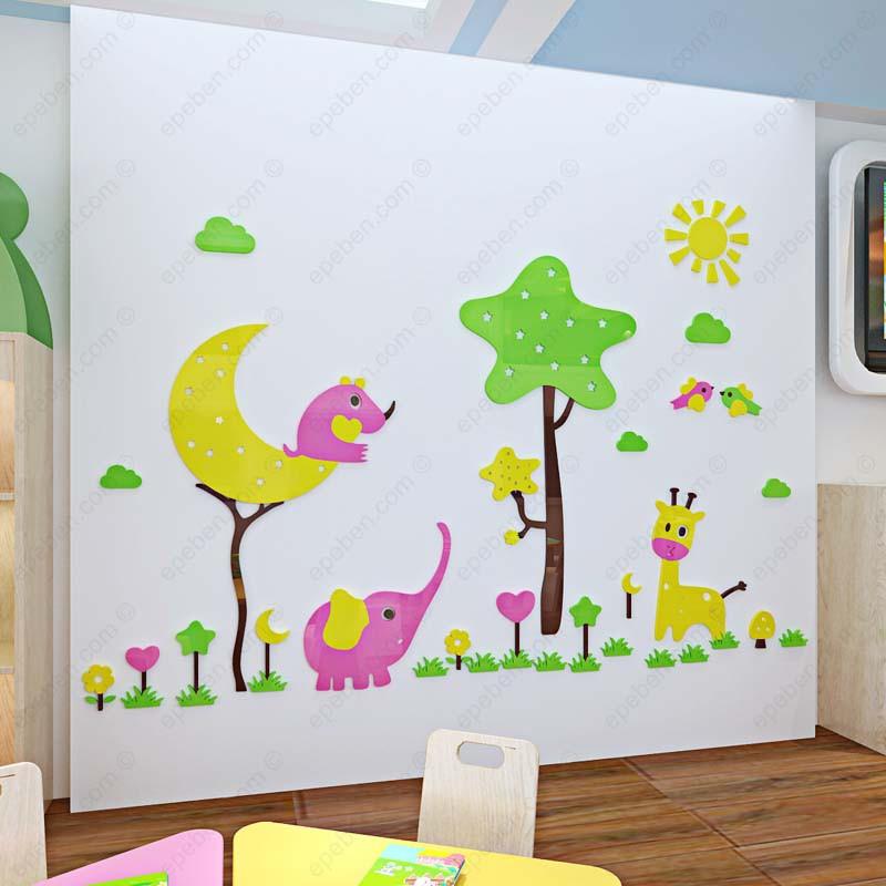 Tranh dán tường mica 3d decor khổ lớn khu vườn thú dễ thương trang trí mầm non, mẫu giáo, phòng cho bé