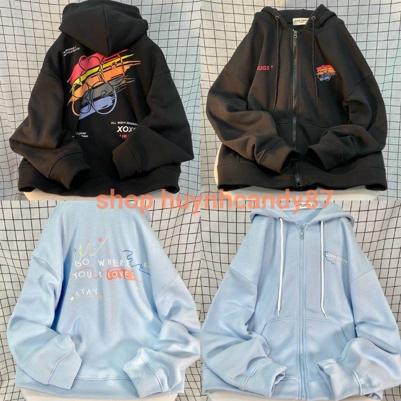 Áo khoác nỉ nữ_ Áo hoodie khoá Zip Love,XOXO in phối màu form rộng chất vải Nỉ bông phong cách Ulzzang