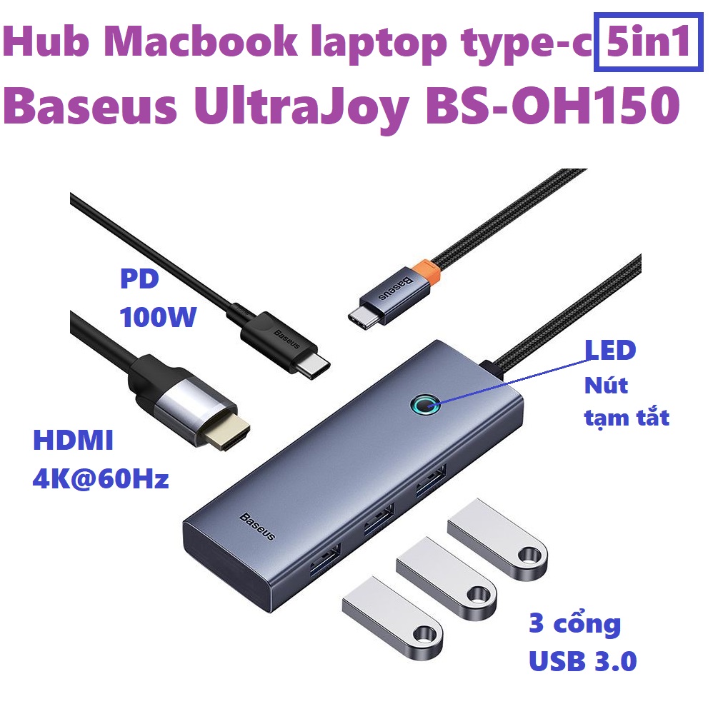 Hub C đa năng mở rộng cổng Macbook và laptop type C ra 7 cổng Baseus Flite docking station BS-OH112 _ Hàng chính hãng