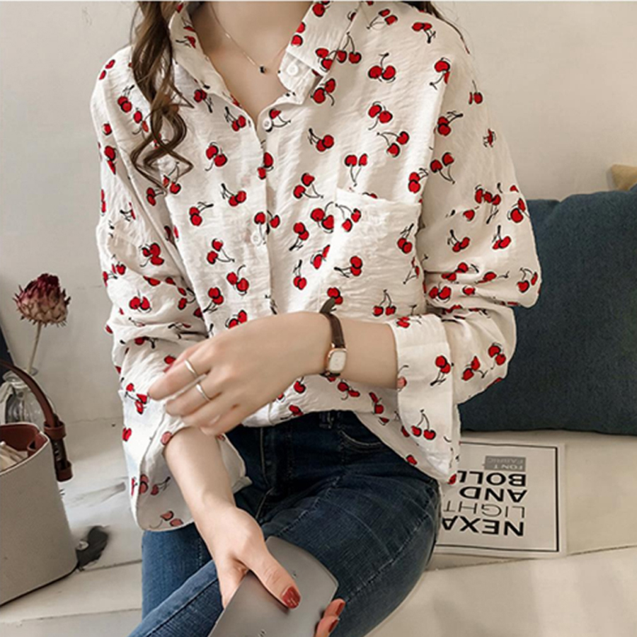 Áo sơ mi nữ vải lụa thời trang công sở in họa tiết cherry nhỏ tươi