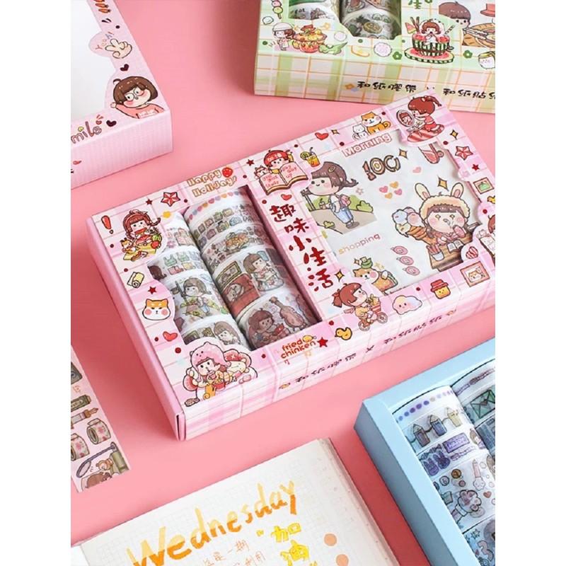 Hình ảnh Hộp 10 cuộn băng giấy và 10 tờ stickers chủ đề dễ thương(có sẵn)