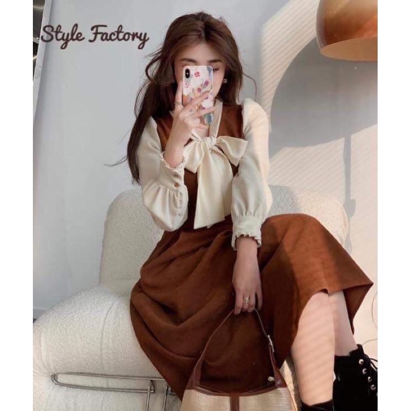 Váy dáng xòe chất umi Đầm dáng dài phối nơ cổ tay dài hàng thiết kế VNXK