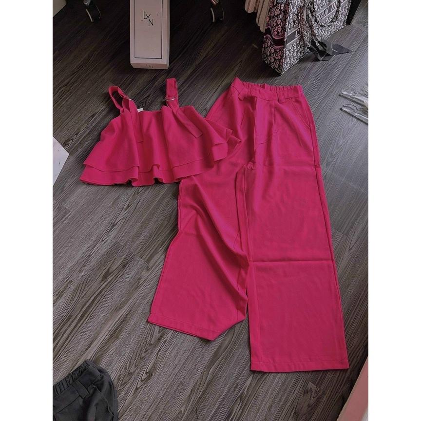 SET 2 MÓN ÁO 2 DÂY BẢN TO CROPTOP BÈO MIX QUẦN SUÔNG ỐNG RỘNG CỰC NỮ TÍNH CHO CÁC NÀNG IU NHÀ MEOWSHOP - Hồng đậm