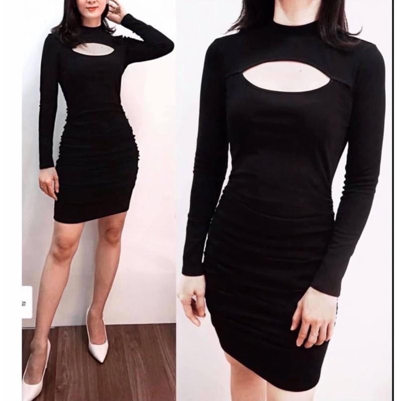 F998 Đầm ôm cổ cao 3cm tay dài cut out ngực nhún eo trước sau