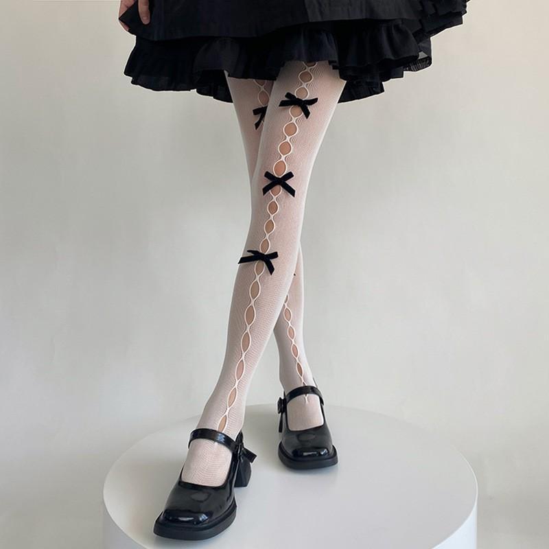 Quần tất/ vớ quần REN LƯỚI ĐÍNH NƠ DỌC phong cách lolita thoáng mát, cá tính, cosplay phong cách, thời gian hot.trend cho Nữ Women