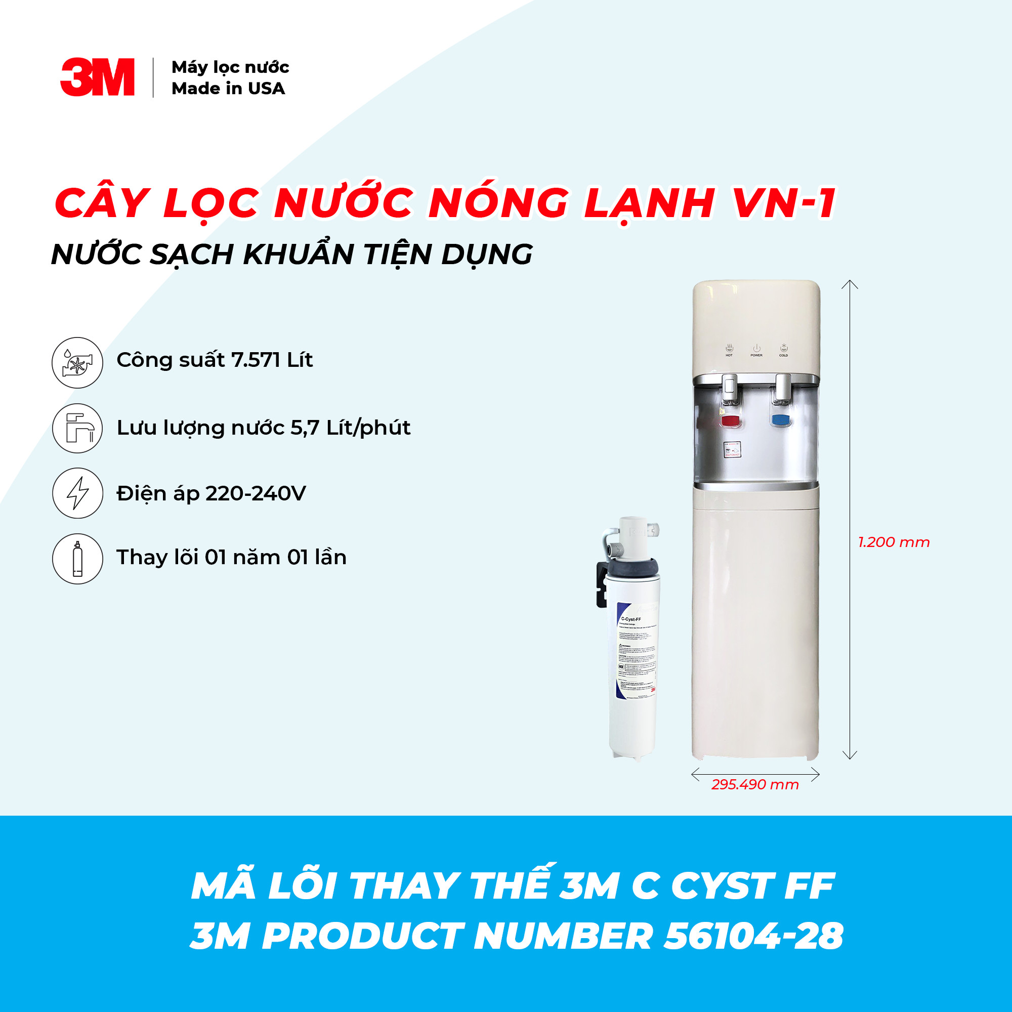 Combo Máy Lọc Nước 3M CYST FF + Thân Máy Nóng / Lạnh (Model VN-1) - Lưu Lượng Nước 5,7 Lít/phút - Công Suất Lọc 7.571 Lít - Hàng Chính Hãng 3M