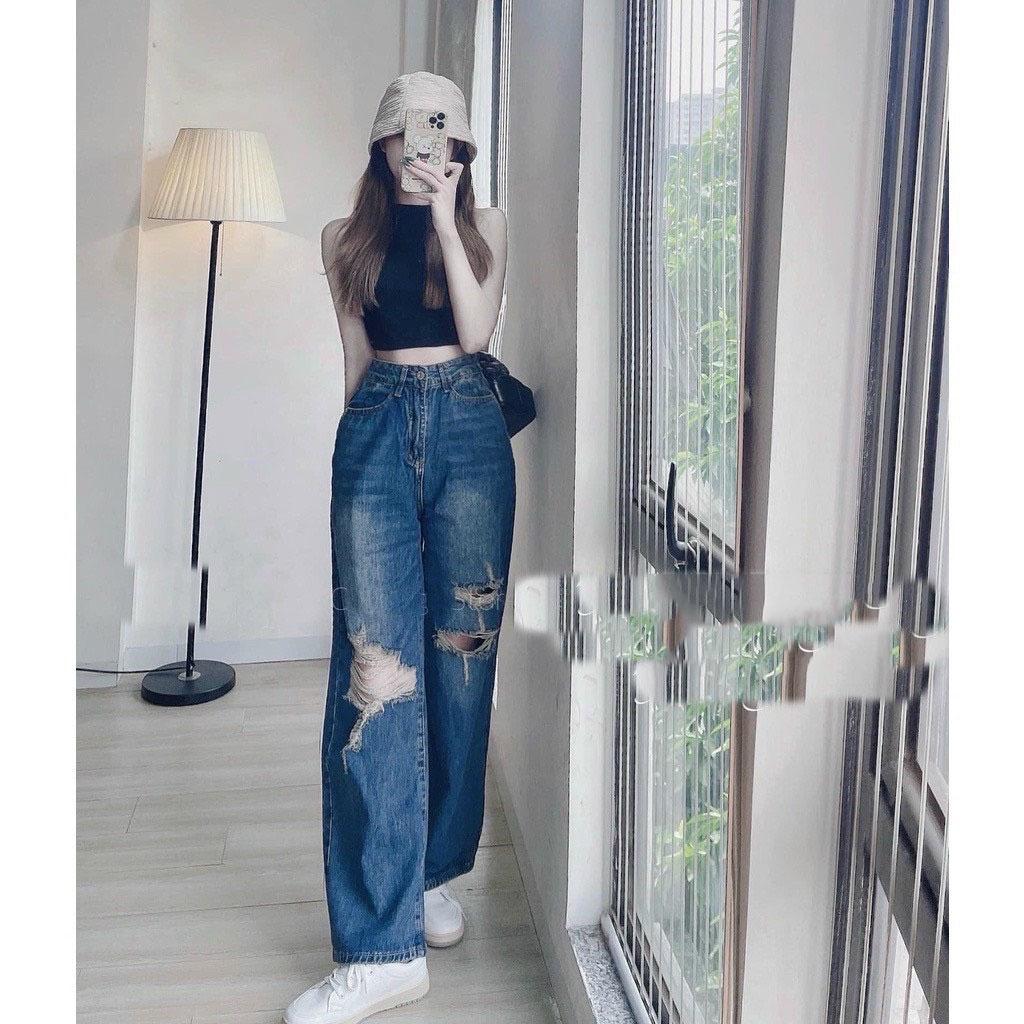 Quần Jean Nữ Ống Rộng Rách Gối Lớn Màu Xanh Nhạt Và Xanh Đậm Dáng Suông Chất Bò Dày Dặn 552 309