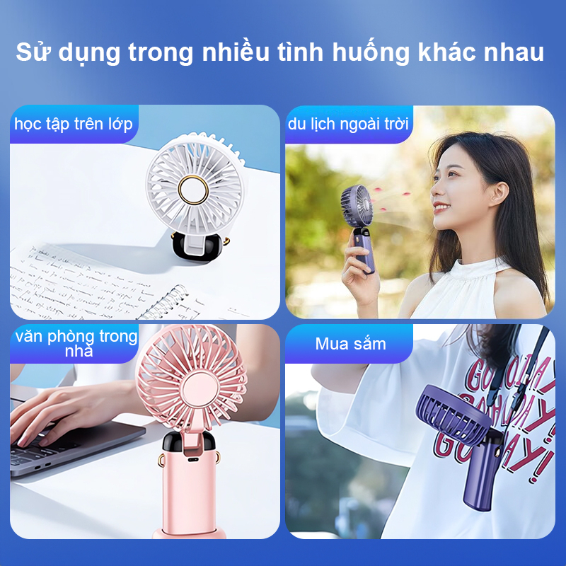 Quạt Cầm Tay Mini Sạc Pin Tích Điện 5 Cấp Độ Gió Gấp Gọn Dung Lượng Pin Cao Có Màn Hình Hiện Thị % Pin Và Cấp Độ Gió Kèm Đế Để Điện Thoại Và Dây Đeo Cổ- Giao Màu Ngẫu Nhiên Hàng Nhập Khẩu