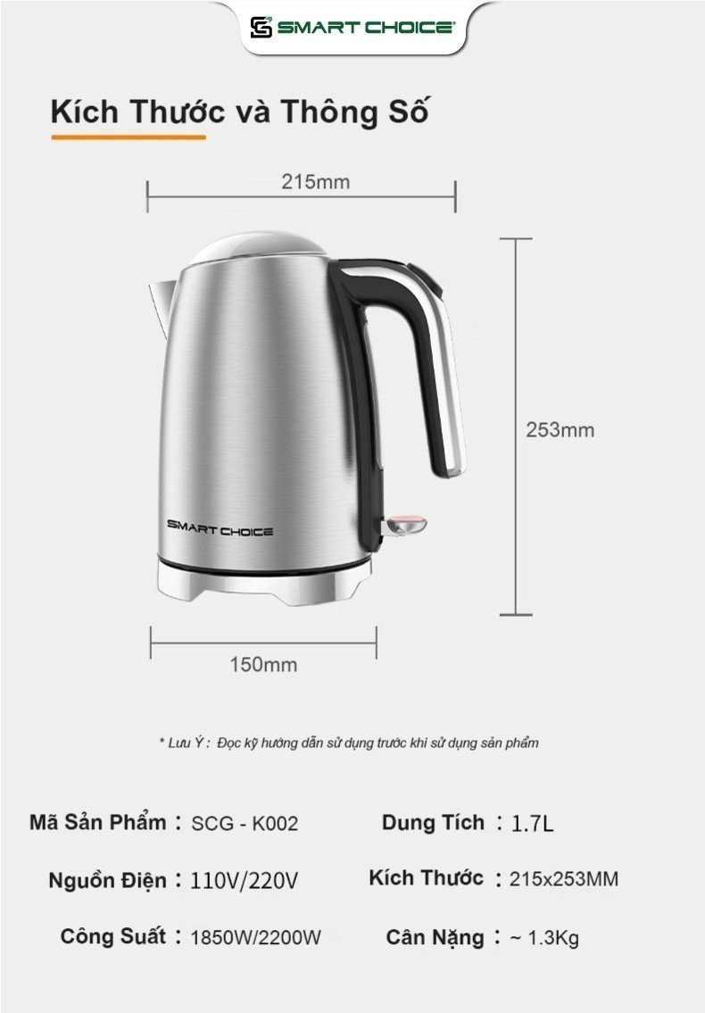 Ấm Siêu Tốc Inox 304 1.7L SMARTCHOICE SCG-K002 Bộ Chỉnh Nhiệt STRIX UK Chịu Nhiệt Tốt, Độ Bền Cao