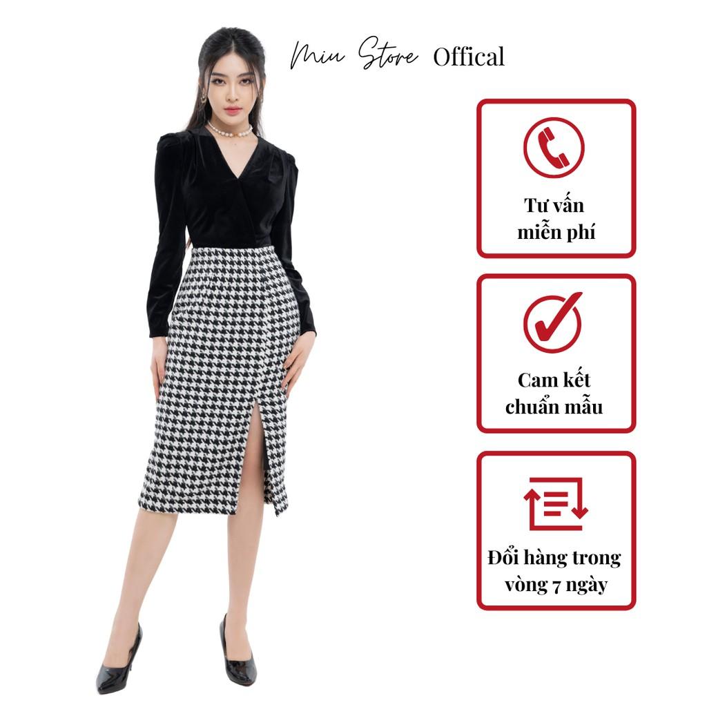 Đầm nữ thiết kế váy công sở nhung liền phối dạ len houndstooth MIUSTORE D00250