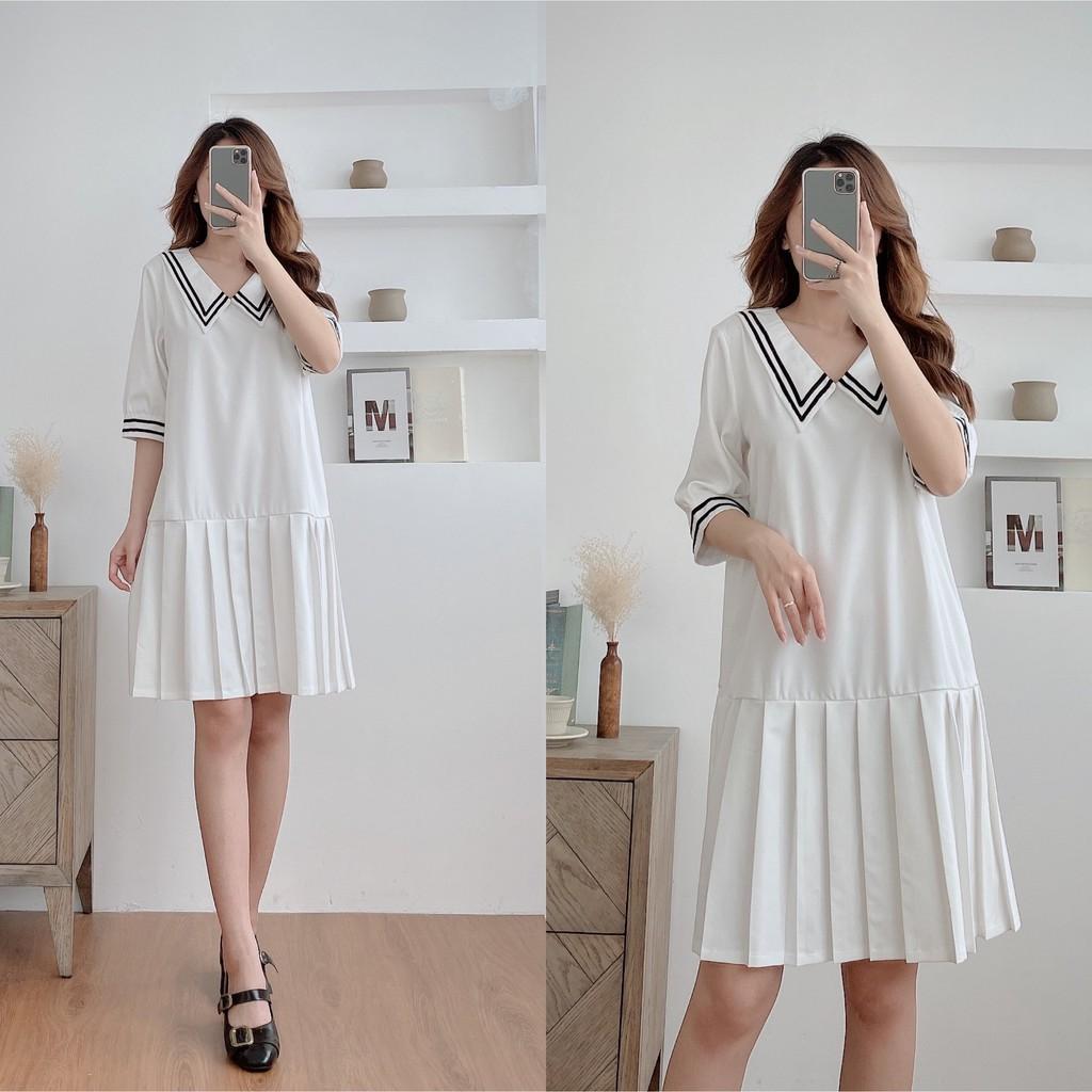 Váy suông cổ đức viền sọc, chân xếp ly, đầm xuông rộng tay lỡ 2 màu mã V167 - Michi's House