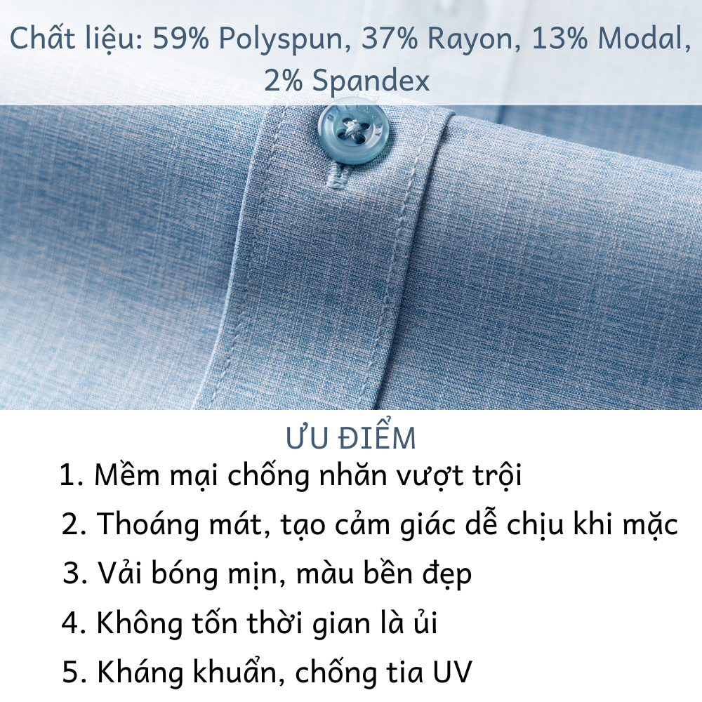 Áo Sơ Mi Dài Tay Vải Polyspun Chống Nhăn, Kháng Khuẩn, Chống Tia UV 7SMDB008