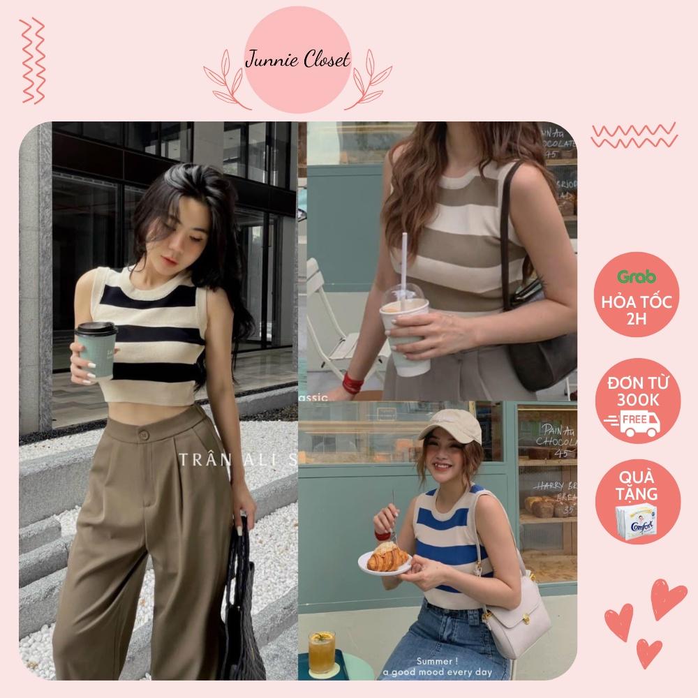 Áo len croptop Mongtoghi ba lỗ, Áo 3 lỗ kẻ ngang sát nách hottrend Junnie Closet