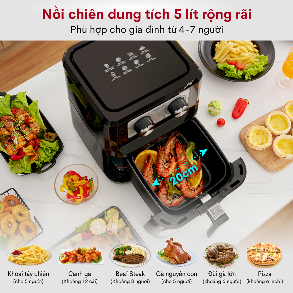 Nồi chiên không dầu 5L Nhật Bản Fujihome (đi kèm gắp) tự ngắt, lò chiên nướng không khí k dầu cơ 5 lít không hơi nước air fryer - Hàng Nhập Khẩu